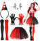 5 STK Halloween Clown Kostüm Damen - Hut, Haarreif, Strasssteine, Gesicht, Handschuhe, Strumpfhose, Tütü - Quinn Kostüm Zubehör für Karneval Cosplay Mottoparty