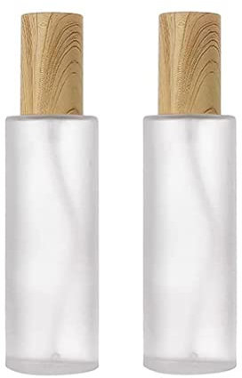 Lot de 2 flacons vides rechargeables en verre dépoli transparent de 120 ml pour produits de toilette de voyage avec couvercle en plastique grain de bois pour huile essentielle, fond de teint, crème