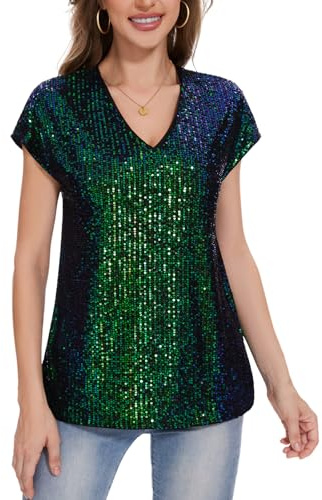 MINTLIMIT Damen Pailletten Glitzer Tops Oberteil Kurzarm V-Ausschnitt T-Shirt Bluse Cap Ärmel Freizeit Party Festival Club