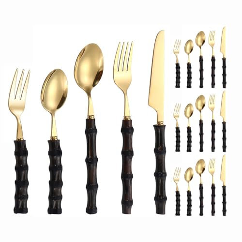 Mango De Bambú Natural Cocina Acero Inoxidable Cubiertos Vajilla Cubiertos Juego De Cubiertos Cuchillo De Carne Tenedor Cuchara Cucharadita (Oro,20 piezas)