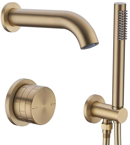 Brushed Gold Shower System Brass Concealed Shower Mixer Set Bathroom Round Overhead Built-in Rainfall Shower Head with 2 Functions Diverter Valve Mixer and Handheld Kit
