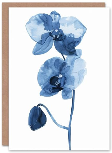 Artery8 Greeting Card Blue Orchid Flower Bloom Watercolour Painting For Her Woman Birthday Card