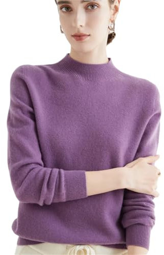 Maglione da donna lavorato a maglia con collo a lupetto a maniche lunghe, maglione basic 100% lana merino, Viola scuro, L