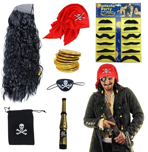 HUAEDNWKYI Piraten Kostüm Zubehör Set, Jack Sparrow Piratenkostüm XXL - Komplettes Herren Piratenkostüm Set mit Augenklappe, Perücke und Münzen – Ideal für Halloween und Piratenpartys