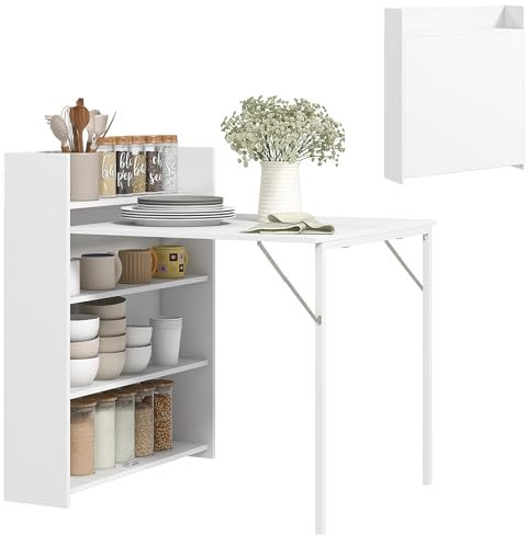 HOMCOM Esstisch Klappbar Küchentisch für 3 Personen mit 4-stufigen Regalen, Klapptisch Moderner Esszimmertisch für kleine Räume, Küche, 79 x 91 x 93 cm, Weiß