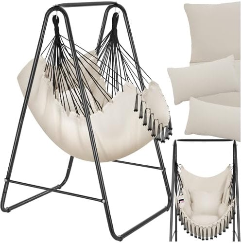 Silla Colgante Boho, Estructura De Acero, Borlas Decorativas, Cojines Gruesos, Bolsillo Lateral, Interior Y Exterior, Hamaca Sillón Colgante para Jardín, Terraza, Salón, Dormitorio