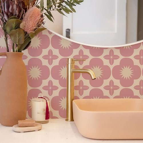 Mosaikfliesen Rosa Khaki Blume Fliesenaufkleber PVC Hitzebeständig Klebefliesen Küche Bad Wasserdicht Tile Sticker Ölfest Selbstklebende Fliesen Badezimmer Küchenrückwand 20x20cm/10 pcs