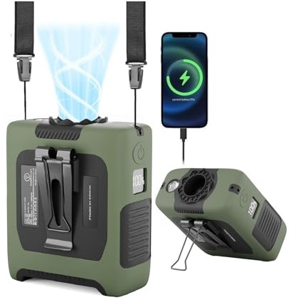 Portable Fans Wearable Personal Fan Belt Clip Fan Personal Waist Fans for Outdoor Jobsite Traveling Camping 10000mAh Rechargeable 5-speed adjustment Max 24H Working Fans with LED Power Display Green