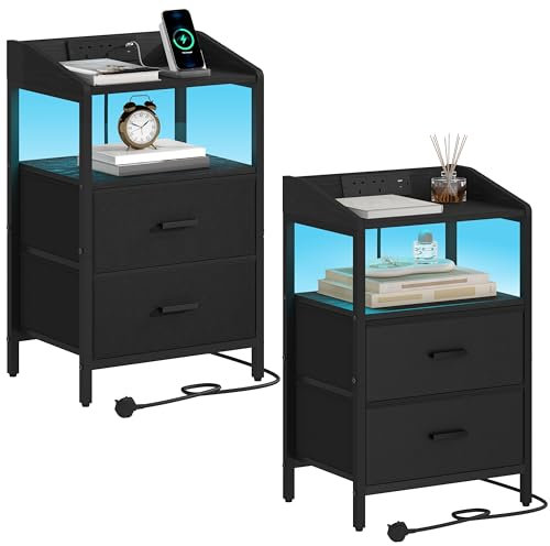 Hzuaneri Bedside Tables Set of 2 with LED Lights and Charging Station, Bedside Cabinet with 2 Fabric Storage Drawers, Nightstand with USB Ports & TypeC for Bedroom, Livingroom, Black NS36204B
