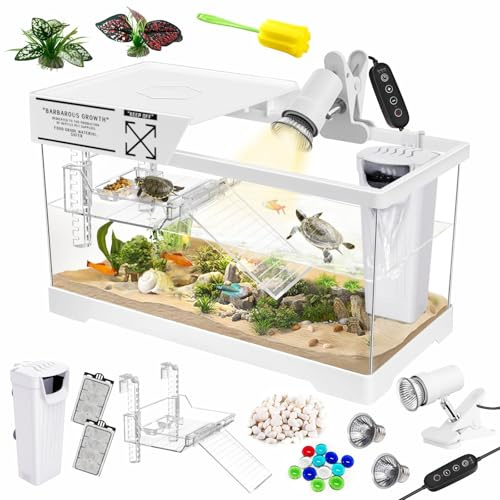 GOZILLA Kit Acquario per Tartarughe Acquatiche+Lampada+Filtro, Kit di Avviamento Aggiornato PC per Tartarughe con Lampada e Filtro Regolabili, Habitat per Rettili con Coperchio, Piattaforma Sospesa