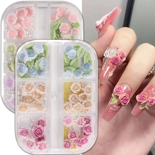 Auiremrti 2 Pezzi Ciondoli Floreali per Nail Art, Fiori 3D per Unghie, Ciondoli per Unghie con Retro Piatto in Resina a Forma di Rosa o Camelia per Donne, Materiale per Fai-da-te