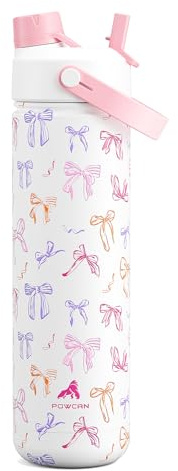 POWCAN 26 oz Insulated Water Bottle with 2-in-1 Straw and Spout Lid, Keep Cold 24H, Leak-Proof, Fits in Car Cup Holder, Stainless Steel Water Bottle for Sports, Travel, and School (Ribbon Whimsy)