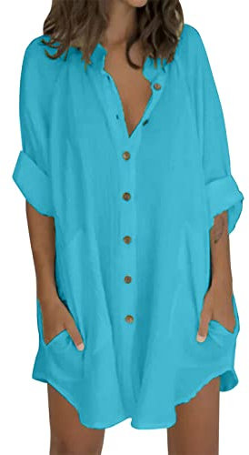 Short Sleeve Tops for Women UK Summer Long Sleeve Button Down Shirts Ladies Long Top Plain Loose Casual Blouses T-Shirt Beach Holiday Tees Oversized Buy Again My Orders Light Blue