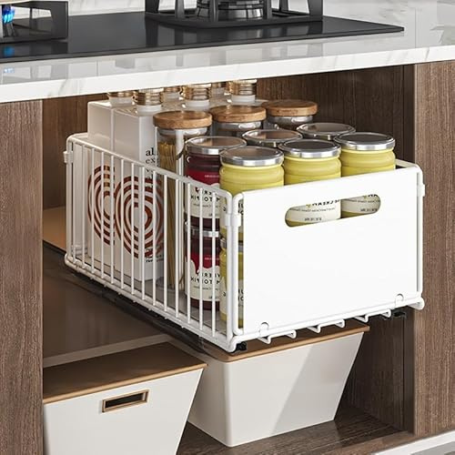 Hovoto Pull out Cabinet Organiser Foldable, pull out drawers for kitchen cupboards, Pull Out Shelf Kitchen Storage Drawer for Kitchen Cupboard, Bathroom, Bedroom, White, 24.5 * 37.5 * 19cm