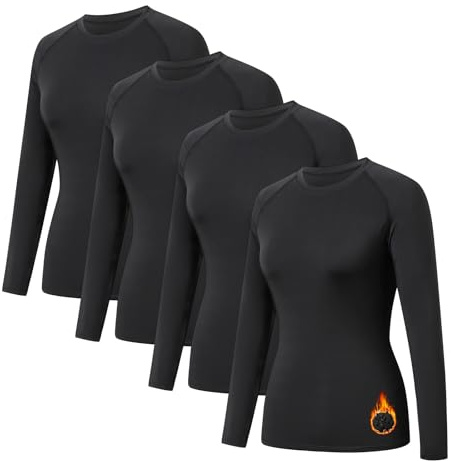HYCOPROT 4 Pack Camisetas Térmicas de Compresión para Mujer Manga Larga Interior Ropa Deportiva Invierno Corte Ajustado Basica Top Deportivo Base Shirts Gimnasio Yoga Senderismo Trekking Ciclismo