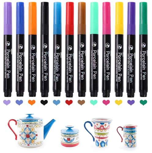 Honosen 12 Stück Porzellanstifte Spülmaschinenfest, Porzellanstifte Set | Farben Wasserfeste Keramikstifte , Spülmaschinenfest für Keramik Bemalen Glas Stein Porzellan Bemalen & Glas Designkreationen