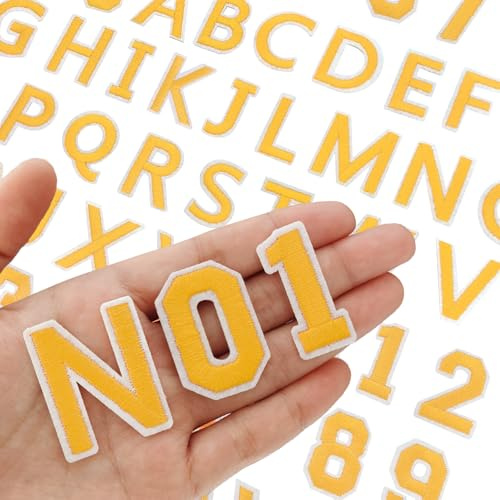 AXEN 72PCS Iron on Letters and Numbers Patches, Embroidered Letters&Numbers Patches A-Z and 0-9, Applique for Clothes, Dress, Hat, Jeans, Backpack - Yellow