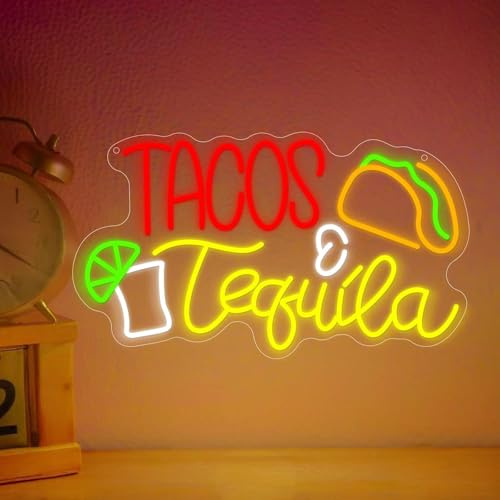 Tacos Tequila LED Neon Sign - USB Powered Dimmable Neon Light Wall Art for Mexican Restaurant Taco Shop Bar Backyard Party Kitchen Home Wall Table Decor Gift 16.9 x 9.4 In