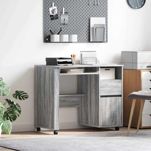 Frdhee Computertisch Sekretär Schreibtisch,Tisch mit Rollen mit Regal Grau 91 x 50 x 77 cm Holzwerkstoff,Ideal für Home Office & Studium