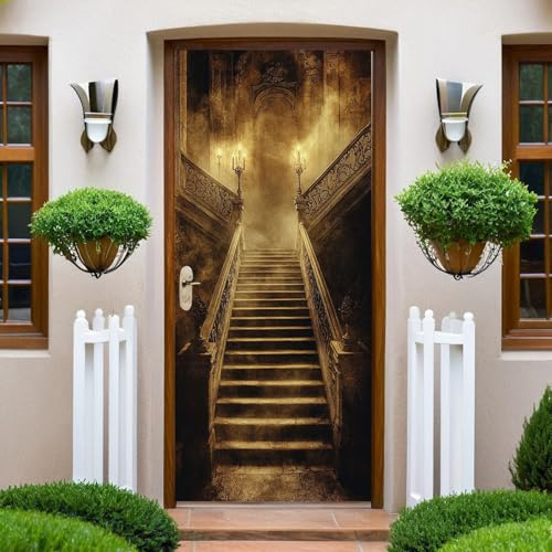 Brown Türaufkleber Treppe im Stil einer Burg im Retro-Stil Türtapete Selbstklebend Türposter 77x200 cm Vinyl Türfolie Küche Aufkleber Wandtapete für Tür Wohnzimmer Schlafzimmer Bad Dekor