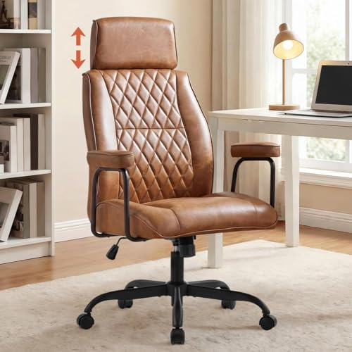 Ckaff Bürostuhl Ergonomisch, Schreibtischstuhl mit Verstellbarer Kopfstütze, PU Leder Chefsessel mit Gepolsterter Armlehnen und Höhenverstellbar, Neigefunktion, Drehstuhl, Braun