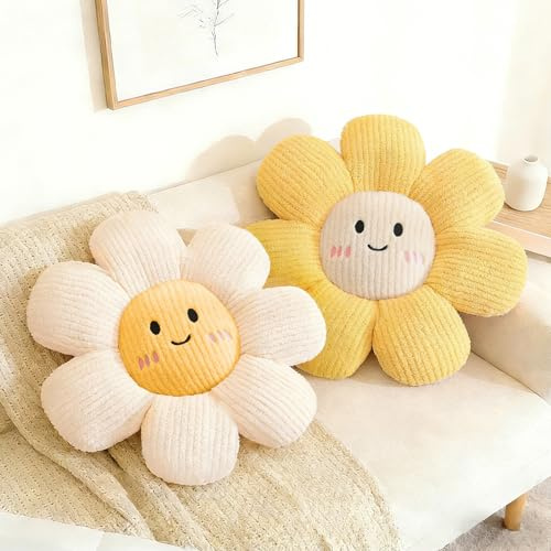 HonorHut Blumenkissen mit Smiley-Gesicht, weiße und gelbe Boden- und Sitzkissen, dekorativ für Wohn- und Schlafzimmer