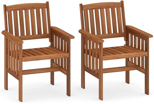 FANTASK Gartenbank Holz 2er Set, 63 x 59 x 89 cm, Holzbank mit Rückenlehne & Armlehnen, Balkonstühle, Gartensessel für Garten, Balkon, Terrasse