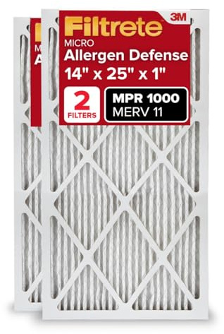 Filtrete 14x25x1 AC Furnace Air Filter, MERV 11, MPR 1000, Micro Allergen Defense, 3-Month Pleated 1-Inch Electrostatic Air Cleaning Filter, 2 Pack (Actual Size 13.781 x 24.781 x 0.84 in)