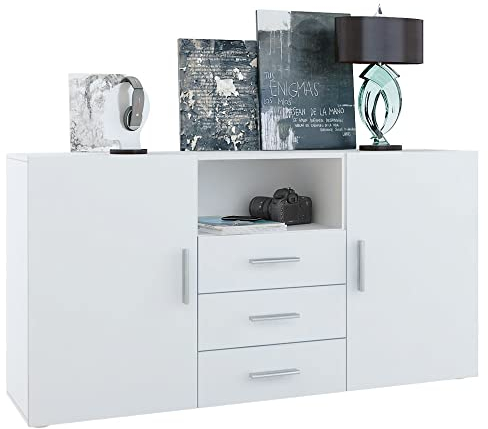 Vladon Sideboard Skadu, Kommode mit 2 Türen, 3 Schubladen und 1 offenem Fach, Weiß matt/Weiß matt (138,5 x 71,5 x 35 cm)