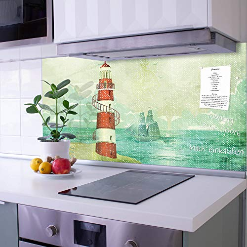banjado Küchenrückwand Glas ohne Bohren 110x55cm – Glasrückwand Küche mit Motiv Leuchtturm/Spritzschutz Küchenrückwand Glas/selbstklebende Küchenrückwand Platte - magnetisch & beschreibbar