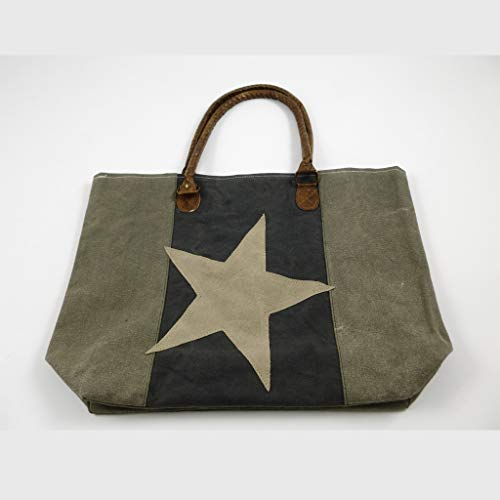 Deko AS GmbH Cotton Canvas Tasche mit Stern - grau-beige - 45 x 32 cm - 74162