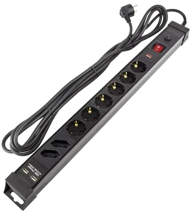 LEDKIA LIGHTING - Base Múltiple 8 Enchufes | Protector Sobretensiones | 2 USB Puertos 2100 mA | 5m Cable | Protección Infantil | Interruptor Luz, Negro, Cloruro de Polivinilo