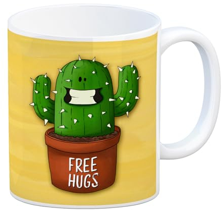 Kaffeebecher mit freundlicher Kaktus Motiv und Spruch: Free Hugs