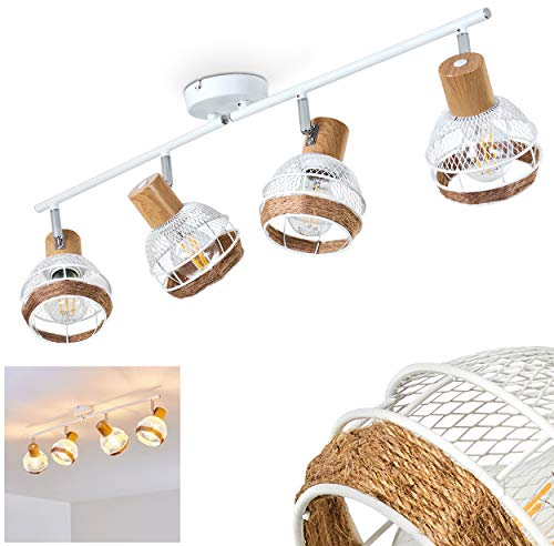 Deckenleuchte Bariloche, verstellbare Deckenlampe aus Metall/Holz/Hanfseil in Weiß/Chrom/Natur, 4-flammig, Lampenschirme dreh- u. schwenkbar, 4 x E27-Fassung, Gitter-Optik, ohne Leuchtmittel