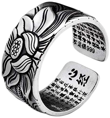 TBEONE 999 massiver Silberring, Lotusring Verstellbarer offener Ring buddhistisches Herz-Sutra, das silberner Ring für Männer und Frauen Retro-Schmuckgeschenk schnitzt