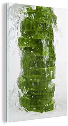 MuchoWow Glasbild Glasfoto Wandbild Bilder Deko 80x120 cm Gurke - Wasserfall - Gemüse