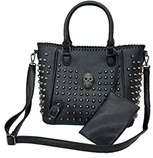 YAQUNICER Damen Totenkopf Niete Umhängetasche Einkaufstasche Punk Bucket Bags Handtasche Geldbörse-B Schwarz
