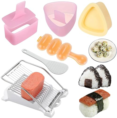Zuaklpton 6 Pcs/Set Spam Musubi Maker Press (Non Stick) with Luncheon Meat Slicer Kit, Sushi Shake Rice Ball Mold, Onigiri Mold, Sushi Making Tool, Egg Slicer, Hot Dog Cutter for Kitchen