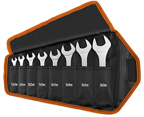 NEO TOOLS Doppelmaulschlüssel, superdünn, 5,5 x 27 x 3 mm, 8-teiliger Satz, aus gehärtetem Kohlenstoffstahl, rostfrei, Größen: 5,5x7mm, 8x9mm, 10x12mm, 11x13mm, 14x17mm, 16 x 18mm, 19x21mm, 24x27mm