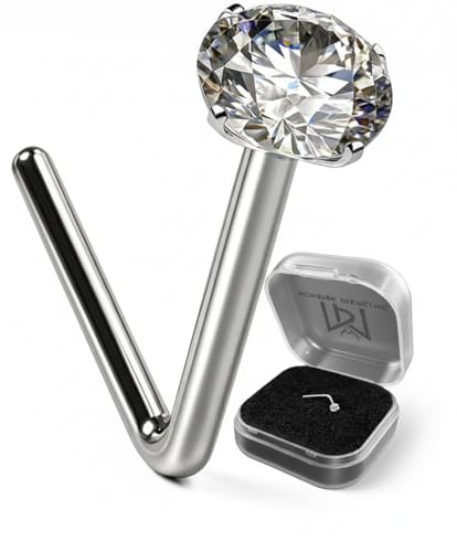 AZARIO LONDON 3,0 mm runder Cz-Stein 9 K Weißgold 18 Gauge L-förmiger Nasenstecker, winziger Nasenring, L-förmiger Nasenring, 9 K Gold Nasenstecker, zierlicher Nasenstecker, dünner Nasenring