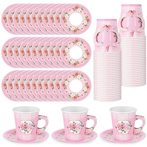 100 Stück Teeparty-Dekorationen enthalten 50 Einweg-Papp-Teetassen und 50 Teller, florale Papier-Teetassen und Untertassen für heiße kalte Getränke, Hochzeit, Geburtstag, Brautparty, Mädchenpartys