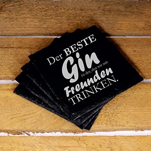 Schiefer Untersetzer für Gingläser eckig mit Gravur - Der Beste Gin ist der, den wir mit Freunden Trinken - 4er Set mit Box - Design Gin Glasuntersetzer in dunkelgrau Getränkeuntersetzer 11 x 11 cm