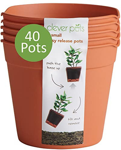 Clever Pots Easy Release Plastic Plant Pots, 40 x Small Outdoor or Indoor Plant Pots for Healthy Root Growth, Each Pot is Lightweight & Weather Resistant for Flowers & Plants, Terracotta
