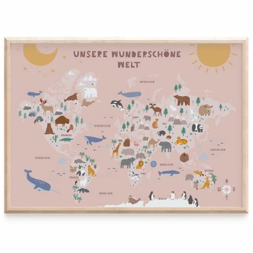 MeinBaby123® Weltkarte für Kinder | Tierweltkarte DIN A2 | Kinderzimmer Bilder | Lernposter | Weltkarte für das Kinderzimmer mit Tieren | Premium Qualität (Weltkarte - rosa)
