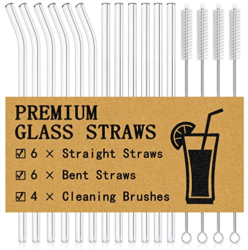 Piteno® 12Pcs Glass Straws with 4Pcs Brushes, Reusable Clear Glass Drinking Straws, 8.5''x10MM, Set of 6 Straight and 6 Bent with 4 Cleaning Brushes, Perfect for Smoothies, Milkshakes, Juice, Tea