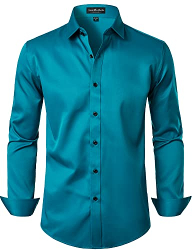 LucMatton Herren Kleid Hemd Formal Stretch Faltenfrei Langarm Slim Fit Button Down Shirts für Hochzeit Party, Blaugrün/Ein Hauch von Paradies (Trace of Paradise), Klein