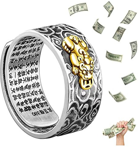 HETICA Feng Shui Pixiu Mantra Glücksbringer Einstellbar Buddhistischer Ring Erfolg Mantra Doppelschutz Reichtum Liebe Gesundheit Ring für Männer Frauen Vintage Ring Schmuck, Kupfer, Kein Edelstein