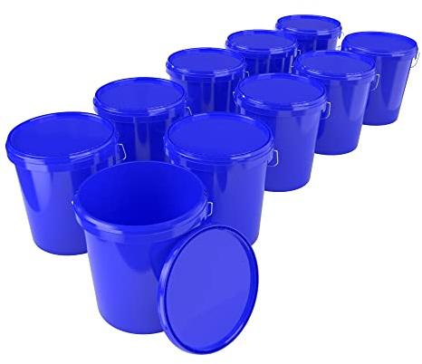 10x Eimer mit Deckel 16 Liter Blau - lebensmittelecht luftdicht und stabil, Leer Eimer mit Griff und Verschluss Deckel für Lebensmittel Chemie Wand Farbe Waschpulver Klebstoffe geeignet