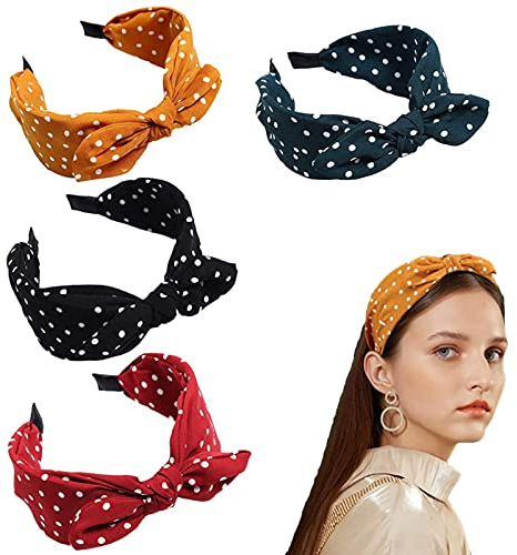 4 Stück Vintage Haarband Haarreifen Schleife Damen Vintage Gepunktet Haarband Stoff Haarreif für Frauen Süß Kopfband Rockabilly Stirnband für Mädchen Alltag Konzerte Party/Schwarz Gelb Rot Grün