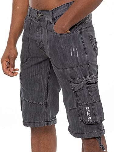 989Zé ENZO Mens Shorts EZS404 Raw Combat Cargo Pockets Casual Knee Length Denim Half Pants Dark Grey 28